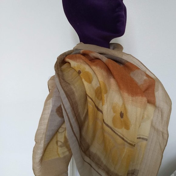 vintage 80s tan floral square scarf NWOT - Picture 1 of 5